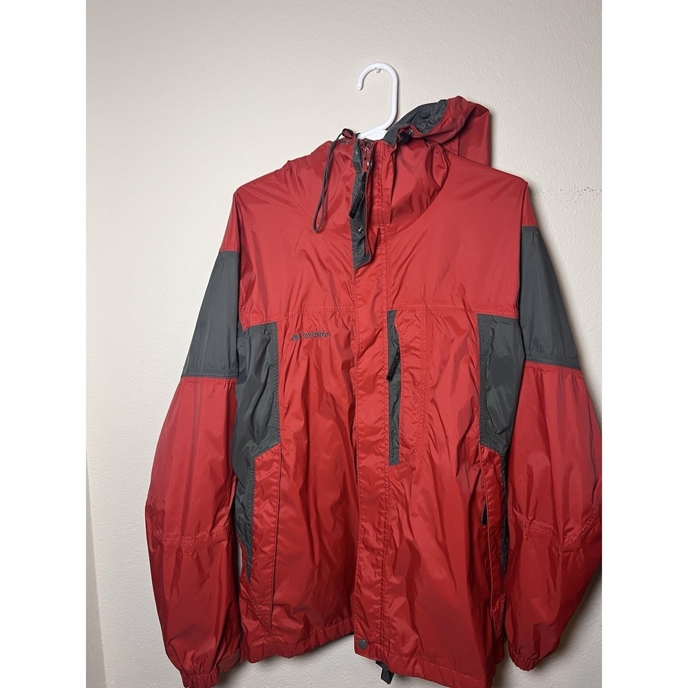 Columbia Rain Jacket Mens Large Red Grey Colorblock Hooded Full Zip Shell